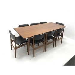 Danish teak extending dining table, single leaf, turned tapering out splayed supports (W210cm extended (W164cm), H74cm, D90cm) and set eight teak framed chairs, upholstered back and seat, square tapering supports (W50cm)