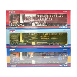 Corgi - three limited edition Hauliers of Renown lorries; CC13231 DAF XF Curtainside James Irlam & Sons Ltd; CC13420 MAN TGA Curtainside Woody's Express; and CC13603 DAF CF Curtainside Tyson H. H. Burridge Ltd; all boxed (3)