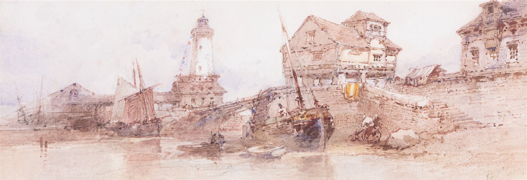 Paul Marny (French/British 1829-1914): Harbour Scenes, near pair watercolours signed, approx 16.5cm x 44.5cm each (2)