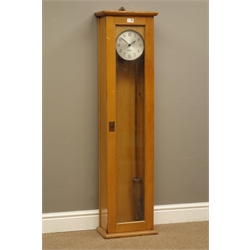  Gents' of Leicester Pul-Syn-Etic Impulse factory slave clock with circular silvered dial, in glazed door light oak case, with pendulum, H133cm, W34cm ,D22cm  