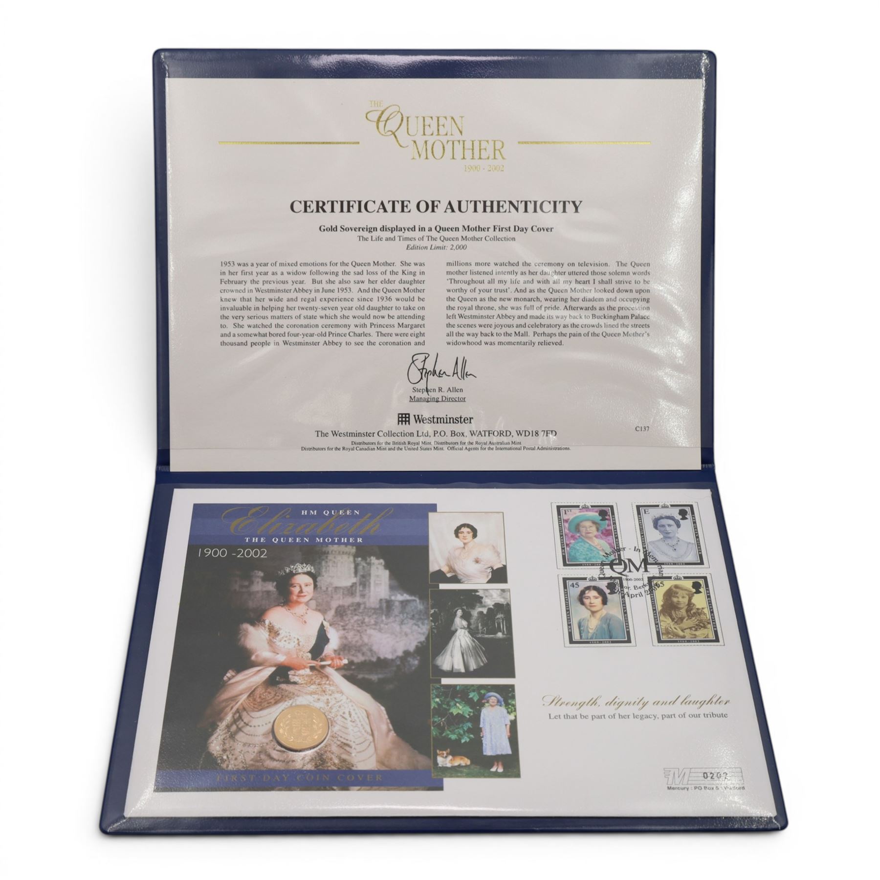 Queen Elizabeth II 2002 gold full sovereign coin, housed in Westminster 'The Queen Mother' coin cover