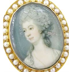 19th century 9ct gold seed pearl brooch/ pendant, set with an oval miniature of a woman, on ivory, under a glazed panel, with a seed pearl surround. This lot has been registered for sale under Section 10 of the APHA Ivory Act