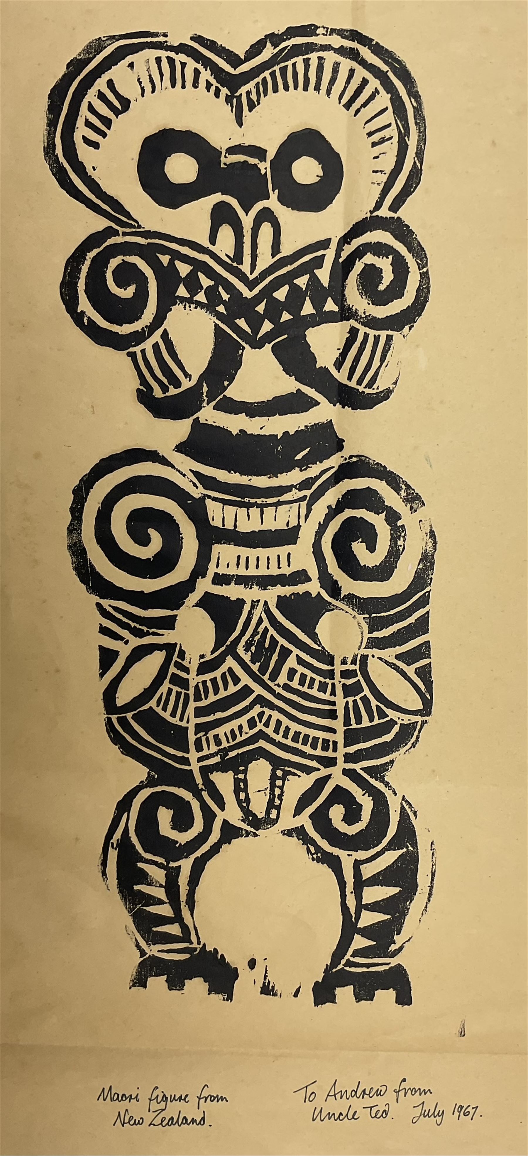 Edward Hardy 'Ted' Harrison (Canadian 1926-2015): 'Maori Figure from New Zealand', screenprint signed titled inscribed 'To Andrew from Uncle Ted' and dated July 1967, 21cm x 57cm (unframed) 
Provenance: gifted to the vendor as a child in the 1960s by the artist. Harrison was a close friend of the vendor's father when the pair lived in County Durham, known by the family as 'Uncle Ted'. 

Born in a small colliery community in Wingate, County Durham, in 1923, Harrison studied at the Hartlepool School of Art and after the war was awarded a National Diploma at Durham University. He spent time abroad studying various artistic cultures; the present pictures are from his time spent in New Zealand, prior to him leaving for Canada and the Yukon where he enjoyed great success and was most successful. The vendor recalls the day in his parents’ Hartlepool home when 'Uncle Ted' came to bid his farewells; he drew the vendor a self-portrait in his autograph book of him standing under a toadstool, joking that he was ‘a small man’ - which he was!