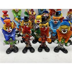 Large quantity of Murano glass clowns, to include larger examples, in two boxes