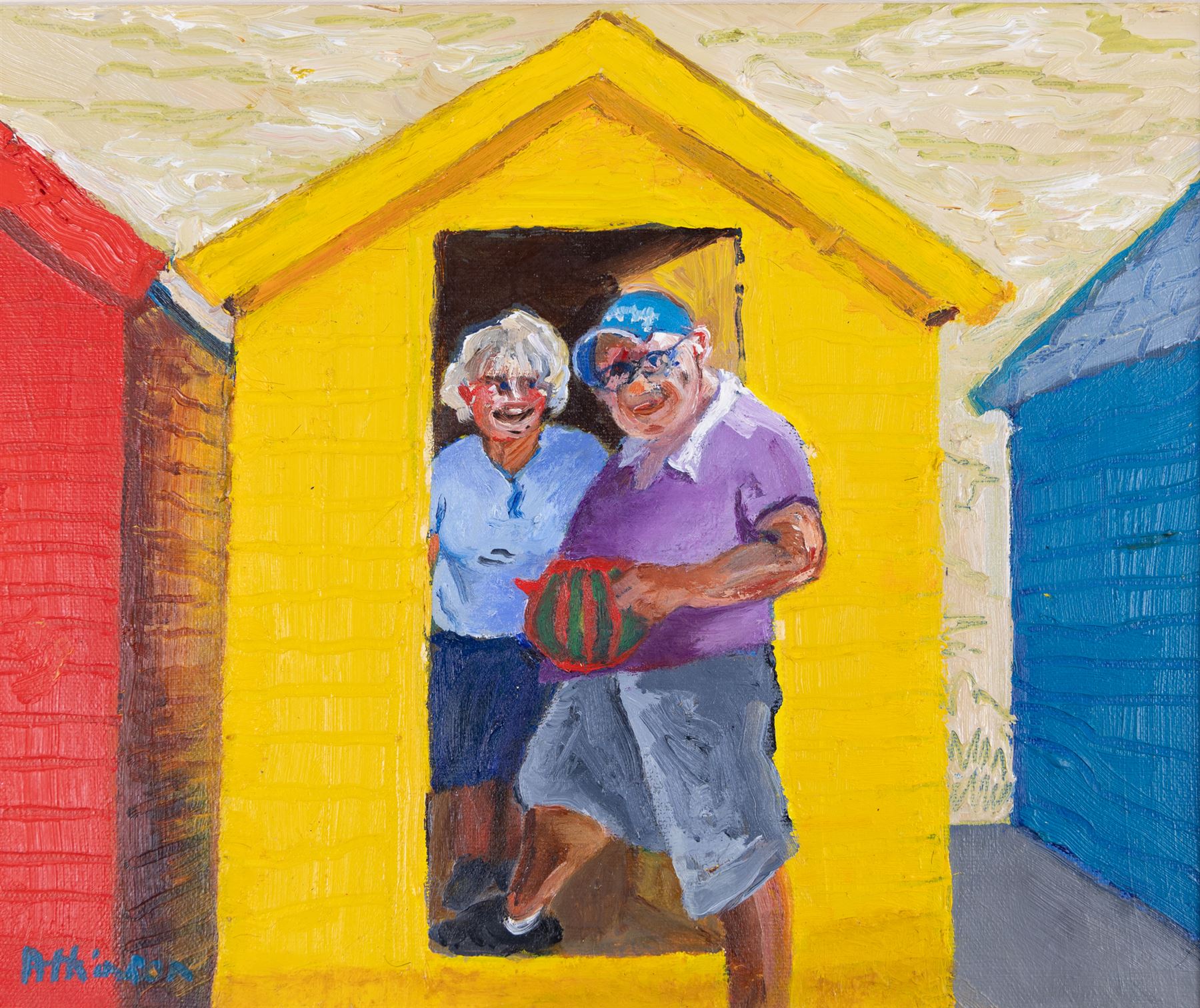 Sue Atkinson (British 1949-): 'Tea for Two' Whitby Huts, oil on canvas signed 24cm x 29cm 
