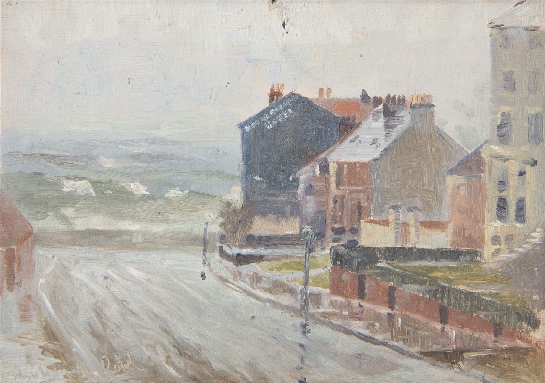 Frank Henry Mason (Staithes Group 1875-1965): North Riding Hotel 'North Marine Road' Scarborough, oil on board titled unsigned, inscribed verso in Mason's hand 'Optional 