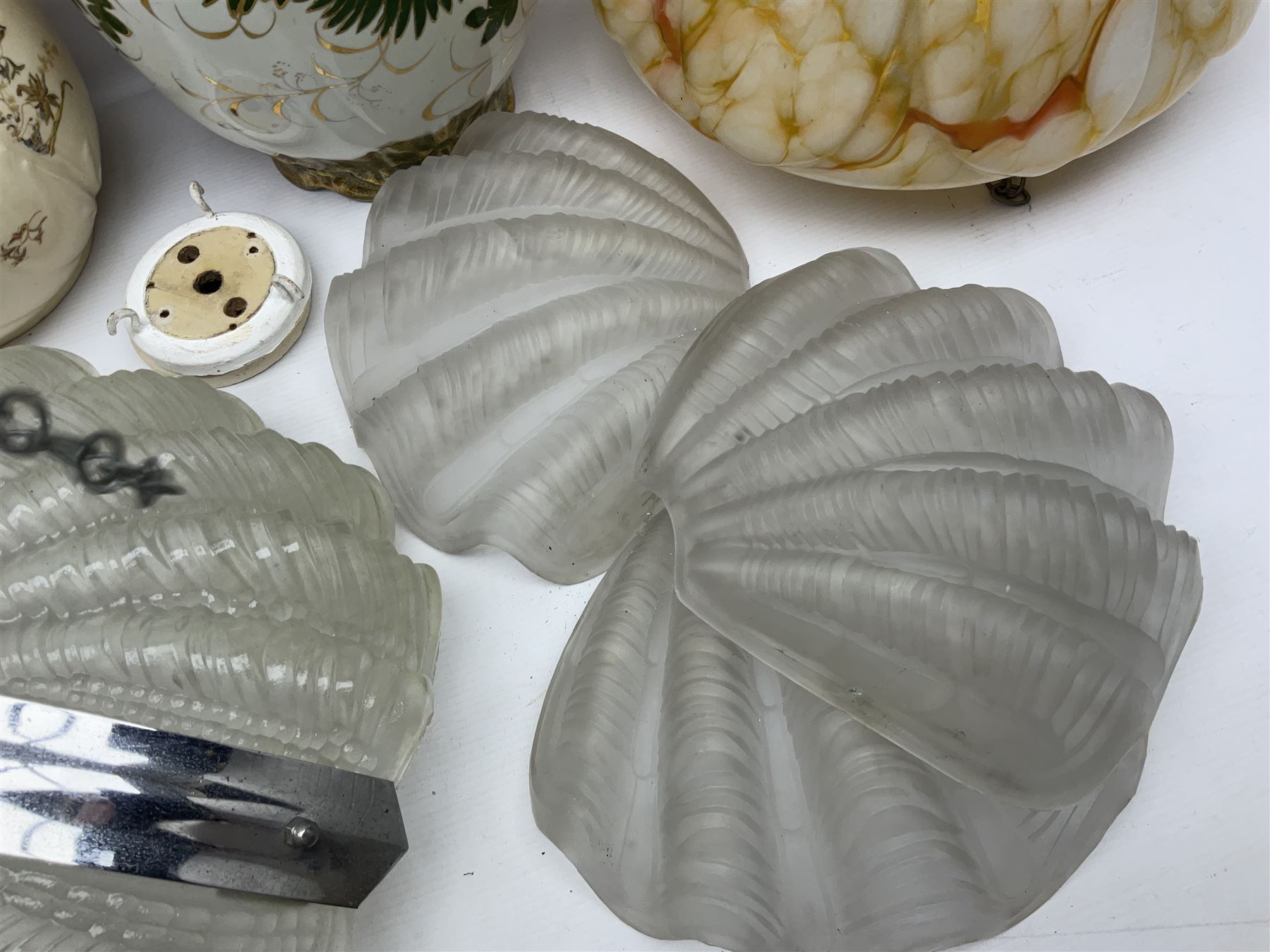 Two Art Deco mottled glass fly catcher ceiling light shades, together with two other 1930s moulded glass ceiling light shades and two Victorian style wash jugs, largest shade D33cm