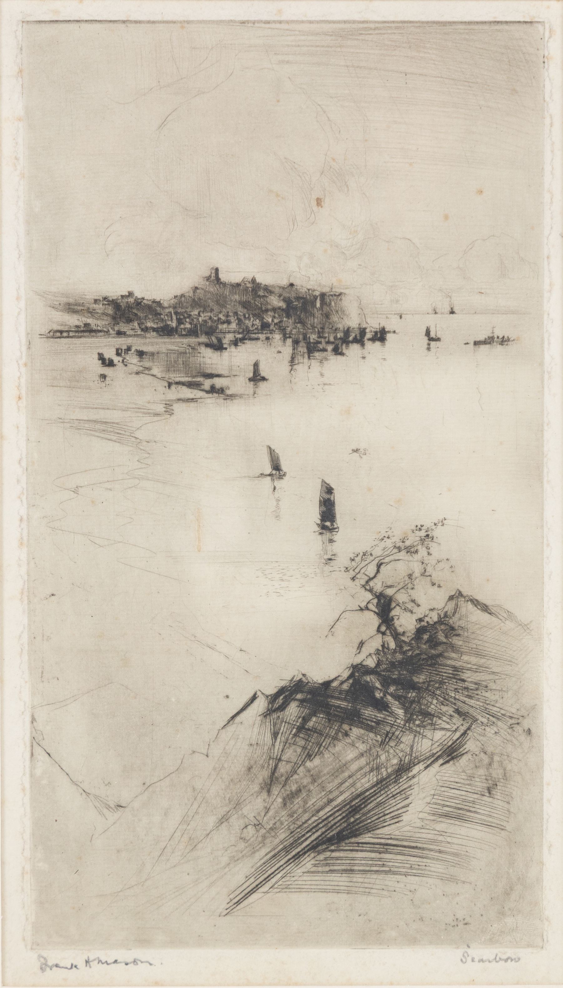Frank Henry Mason (Staithes Group 1875-1965): 'Scarboro', drypoint etching signed and titled in pencil 22cm x 12.5cm 