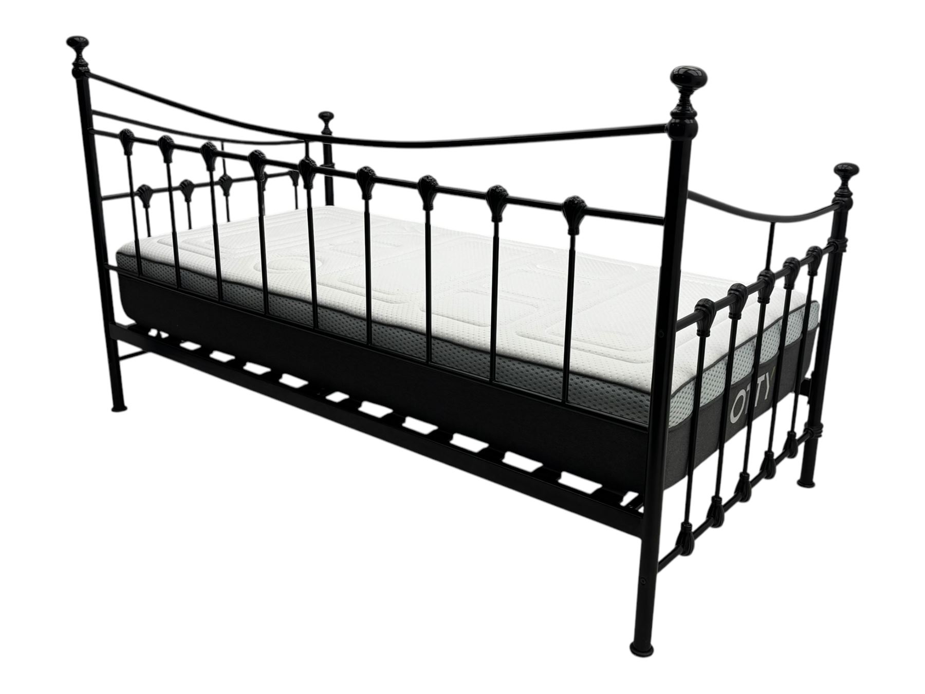 Contemporary Victorian revival black metal day bed, featuring arched back and sides with turned finials and spindle rails, complete with single 'OTTO' mattress