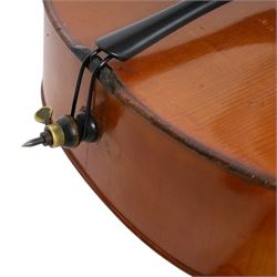 19th century cello, with two piece back, ebonised finger board and pegs, contained within Hiscox Lifelite case, cello back length 76cm