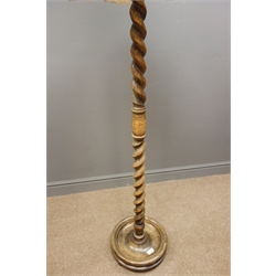  Oak barley twist standard lamp and floral patterned shade, circular on bun feet, H170cm  