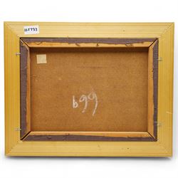 David Woodford (British 1938-): Eryri Landscape with Houses, oil on board signed 17cm x 26cm