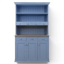 Pine blue painted dresser, upper section with tongue and grove back, two shelves with three short drawers, above a base with soft close short drawers, and three cupboard doors, raised on a moulded plinth base