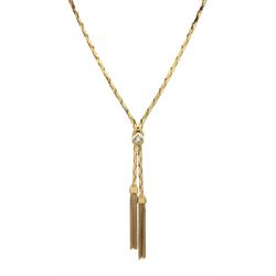 9ct gold tassel necklace set with a single round brilliant cut diamond, London import mark