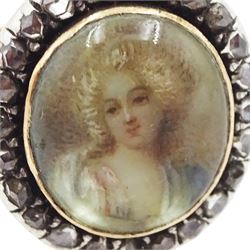 19th century French 18ct gold and silver diamond portrait ring, set with an oval miniature of a woman in 18th century dress on ivory, under a glazed panel, with rose cut diamond surround and trifurcated shoulders, hallmarked. This lot has been registered for sale under Section 10 of the APHA Ivory Act