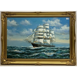 English School (Late 20th century): Clipper Ship at Sea, oil on board indistinctly signed 59cm x 90cm 