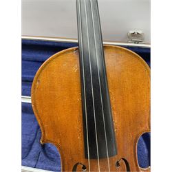 Early 20th century German Ernst Kreusler violin with 36cm two-piece maple back and ribs and spruce top, bears label 'Ernst Kreusler Dresden Anno 1925  Hand made reproduction of Antonius Stradivarius Cremona', overall L59cm; in hard carrying case