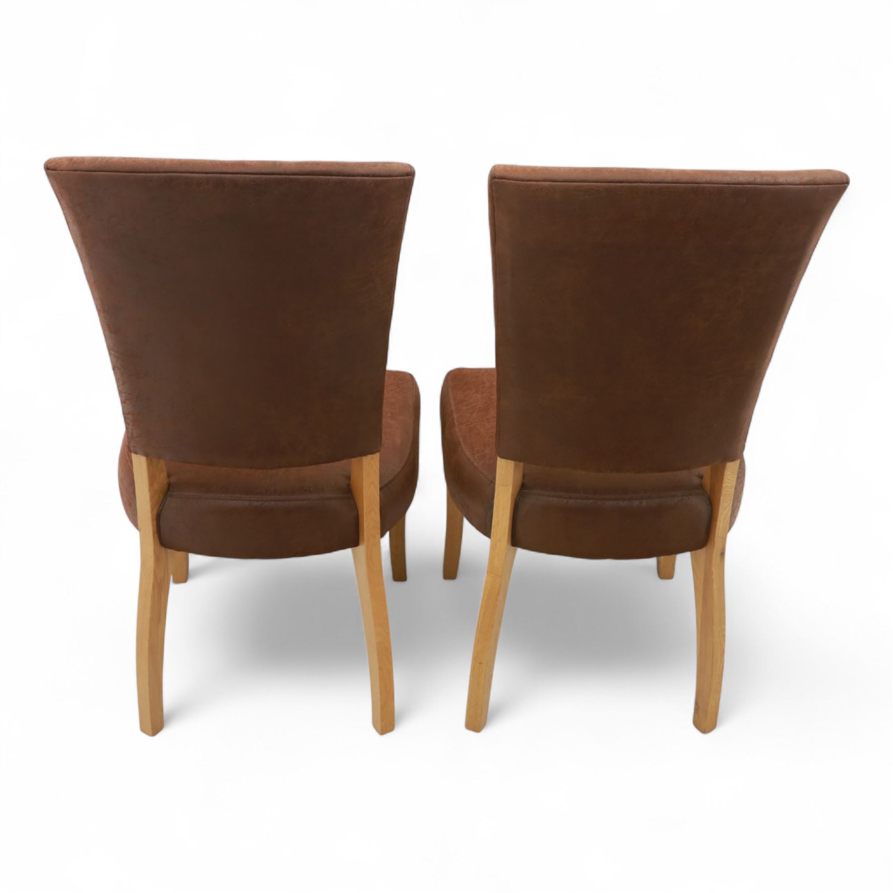 Contemporary oak dining suite, comprising rectangular table with solid top and square legs, together with four brown leather upholstered dining chairs with oak legs (5)