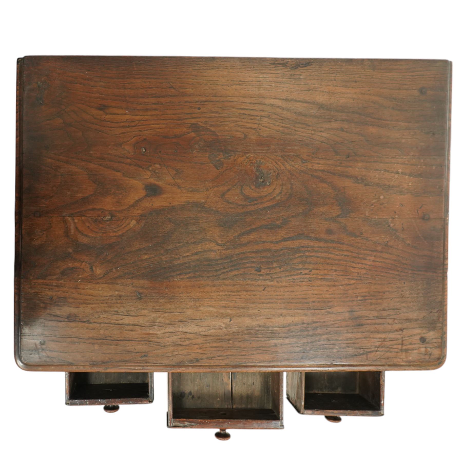 George III oak low-boy, moulded rectangular top over three small drawers and shaped apron, moulded drawer fronts fitted with turned handles, on cabriole supports