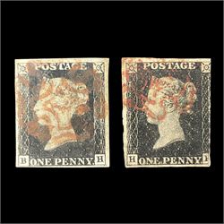 Two Great Britain Queen Victoria penny black stamps, both with red MX cancel