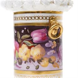 Pair of 19th century spill vases, the rim with encrusted decoration, the central band hand-painted with flowers on a claret ground, unmarked but in the manner of Coalport, H11cm 