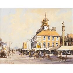 Colin Russell (Northern British 1932-2009): 'Stockton Town Hall', oil on board signed 20cm x 24cm