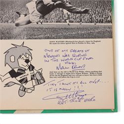 'World Cup 1966 England' hardback book, signed to inner front page by thirteen legendary footballers, to include Bobby Moore, Pele, George Cohen, Bobby Charlton, Alan Ball, Nobby Stiles, Roger Hunt, Peter Thompson, Kenneth Wolstenholme, Jairzinho, Garrincha, Martin Peters and Geoff Hurst, with certificate of authenticity from Chaucer Auctions