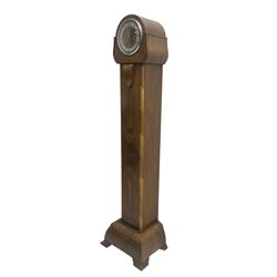 English - 1950's walnut 8-day quarter chiming grandmother clock, rounded top with a splayed base on bracket feet, wooden dial centre with a silvered chapter dial, chrome hands and roman numerals enclosed within a chrome bezel, three train going barrel movement chiming the quarters and hours on 8 gong rods. With pendulum.
