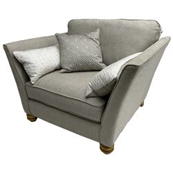 Oak Furnitureland - three-piece lounge suite upholstered in grey fabric, large three-seat sofa (W238cm, D106cm), two-seat sofa (W209cm), and snuggler sofa (W129cm)