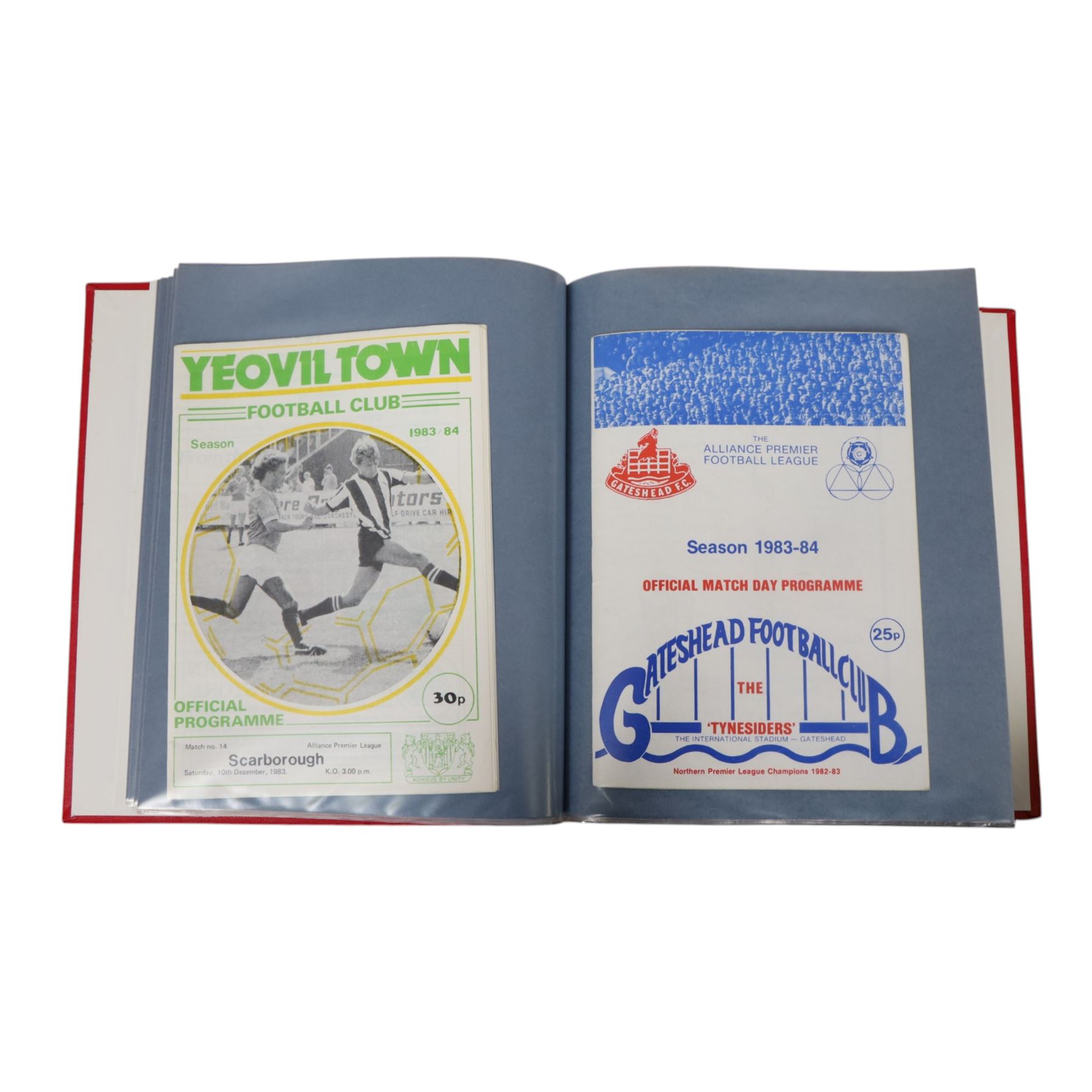 Comprehensive collection of approximately two-hundred Scarborough FC football programmes for the 1983/84, 1984/85,1985/86 and 1986/87 seasons, all filed within eight dedicated Scarborough FC red Home and Away binders 