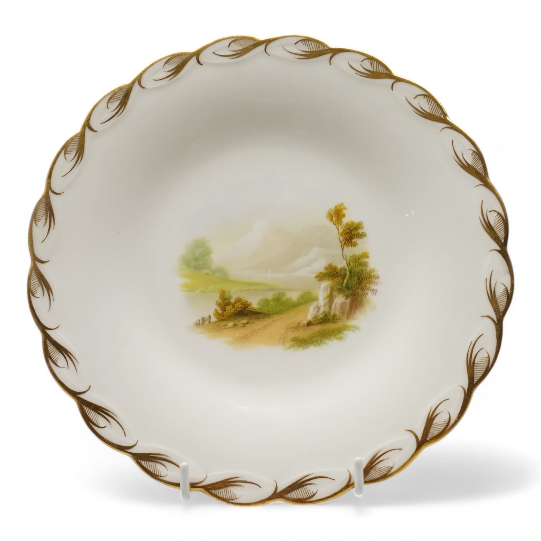 Set of six Victorian porcelain plates, each hand painted with rural landscapes, within scallop egde borders, pattern no. 122 and impressed Rd. marks, D22.5cm (6)