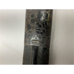 British Enfield 1907 model SMLE bayonet, with 43cm fullered steel blade and metal mounted leather scabbard L58cm overall; and Schmidt-Rubin Model 1918 bayonet the 30cm steel blade marked Elsener Schwyz No.579722; in steel scabbard with leather frog marked G. Bertolini Sellaio Vira/G.Tic 79 L45cm overall (2)