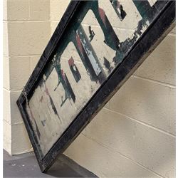 Reverse painted glass shop advertising sign, late 19th century, reading 'George Ellis Dewsbury Ltd Fish, Poultry and game.' L407cm H51cm.  - COLLECTION BY APPOINTMENT FROM: The White House, Thirsk Road, Easingwold, York, YO61 3NF - CALL 01723 507111 TO ARRANGE