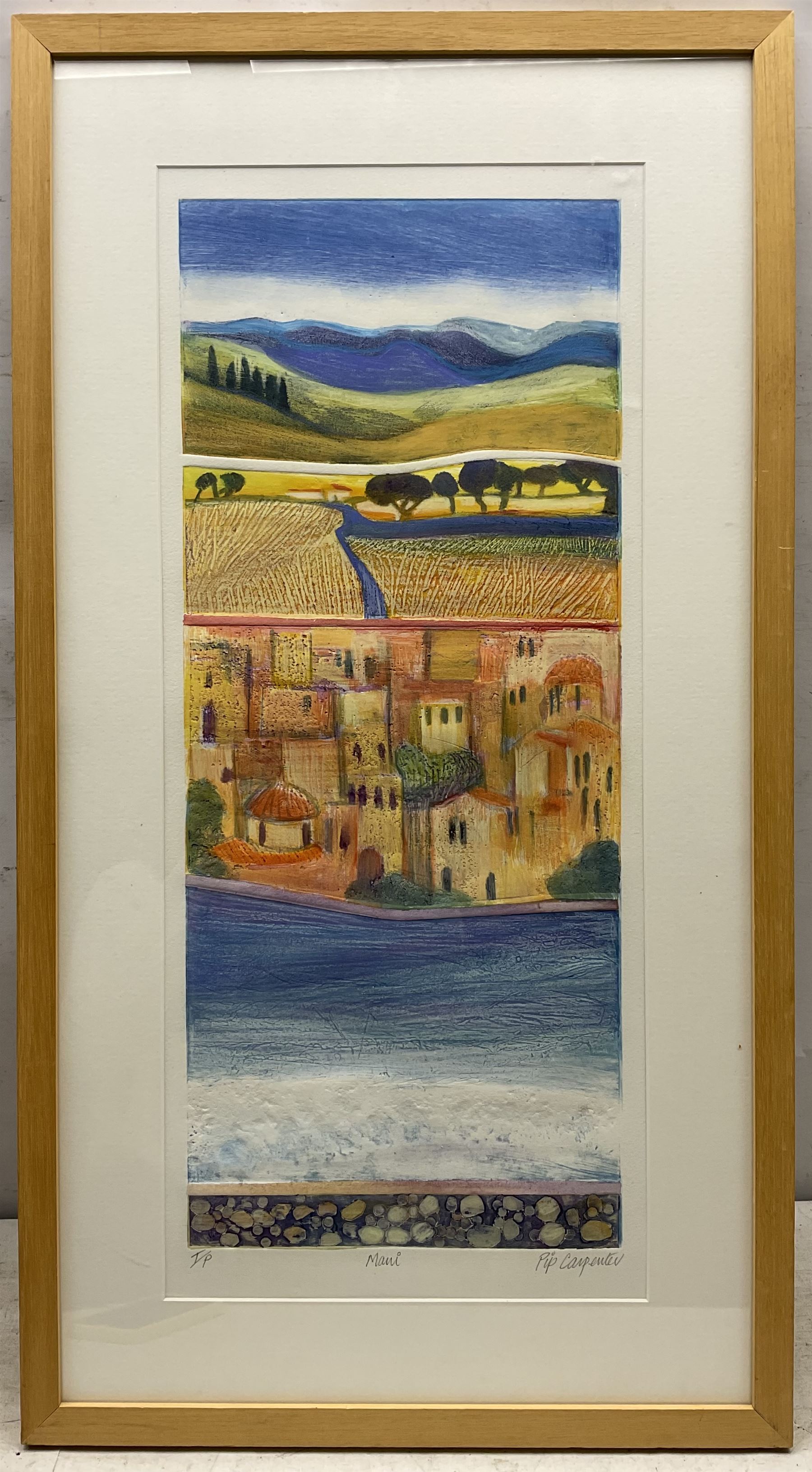 Pip Carpenter (British Contemporary): 'Maui', trial proof coloured etching signed and titled in pencil 58cm x 24cm 