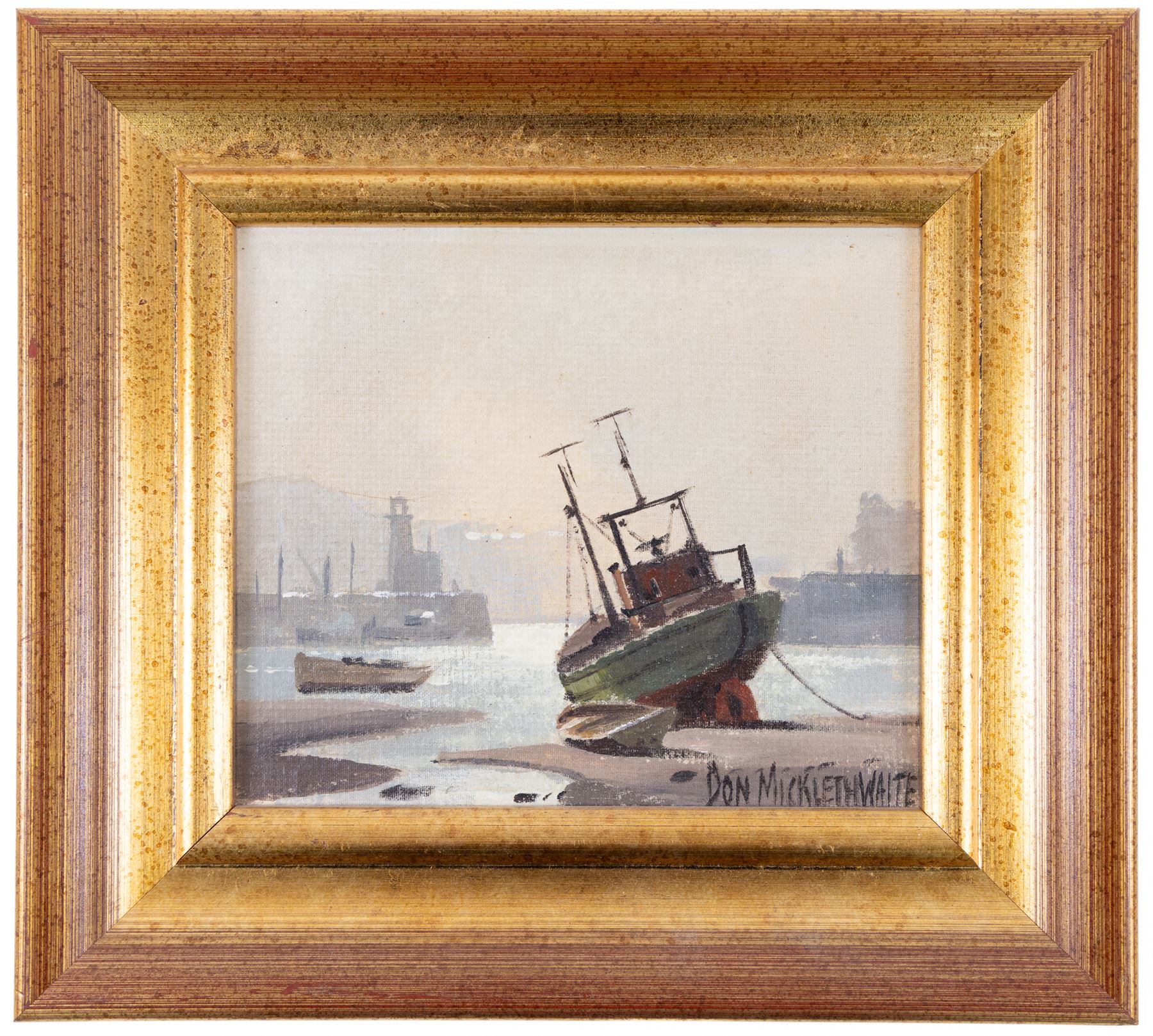 Don Micklethwaite (British 1936-): Scarborough Boats at Low Tide, oil on canvas board signed 13cm x 14.5cm 