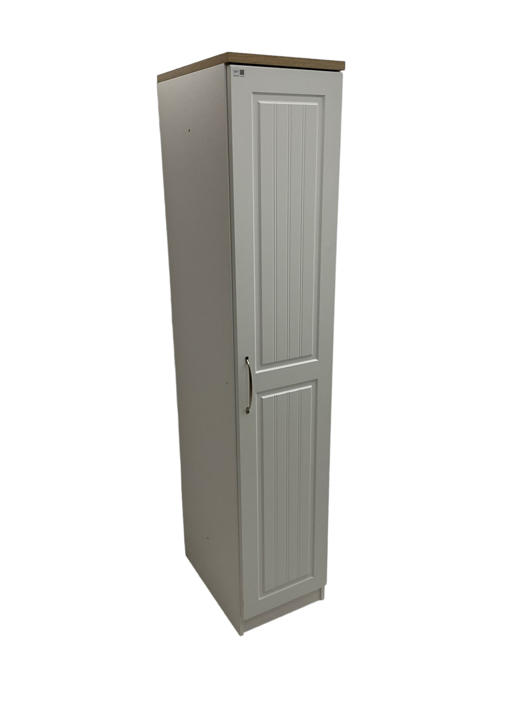 Oak and white finish tall narrow single wardrobe, fitted with shelves