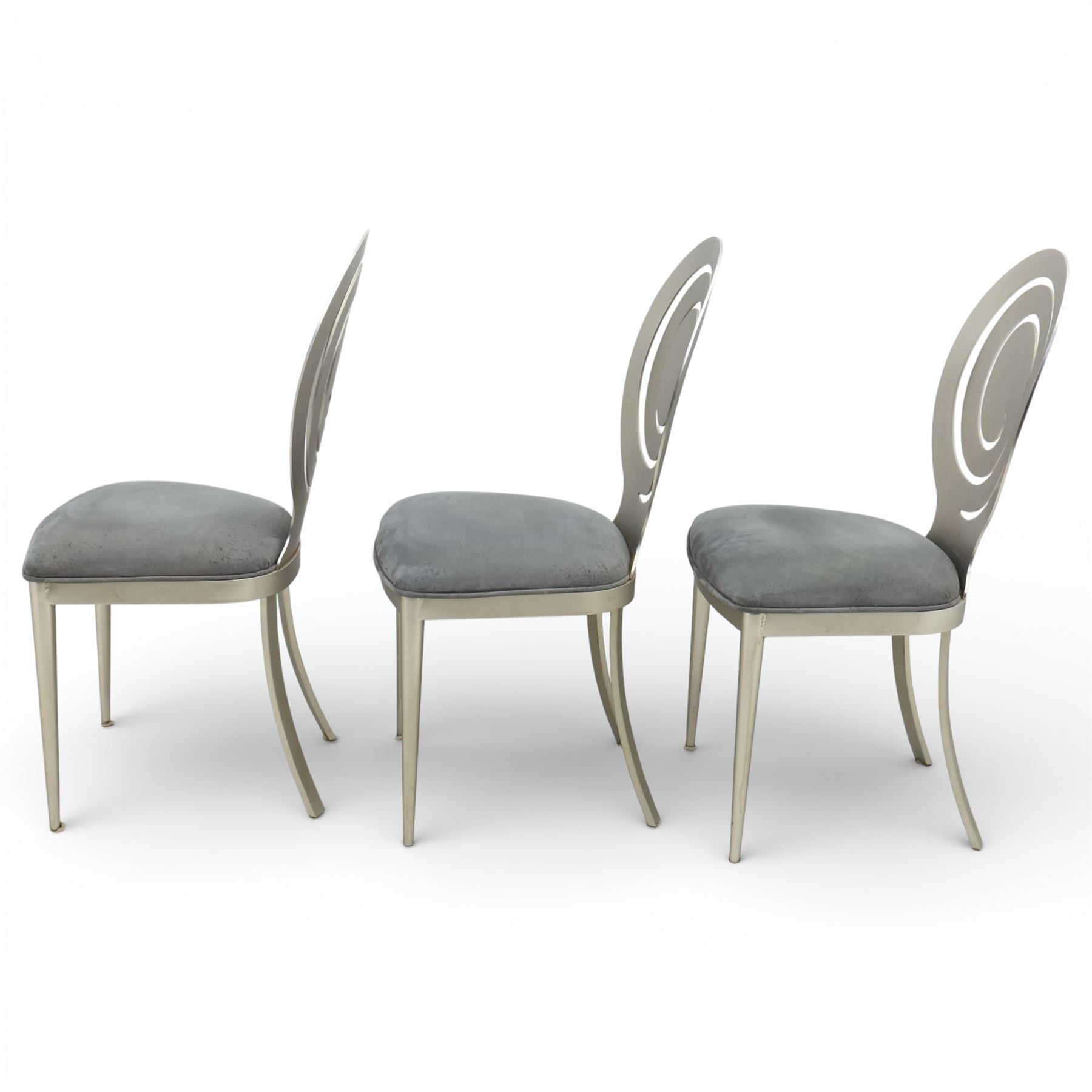 Ethan Allen - 'Radius' pair of stools and three chairs, metal pierced back with spiral cut out, plush blue velvet seat, raised on metal tapering supports