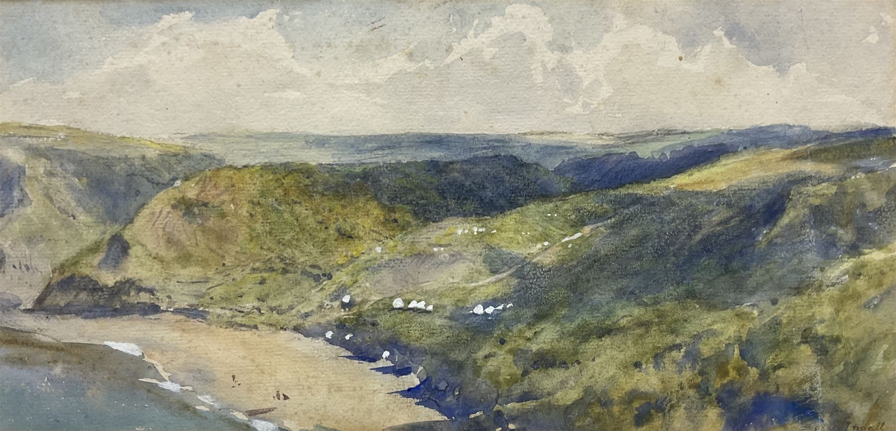 John Spence Ingall (Staithes Group 1850-1936): 'Runswick Bay - looking over the Sands to Hob Holes', watercolour signed, titled on label verso 16cm x 34cm 
Provenance: a wedding present to the artist's godson, Peter Hill, in 1935, thence by descent through the family of Mark Senior. Peter Hill, born 1909, was the son of Ingall's friend and fellow Staithes Group member Rowland Henry Hill.