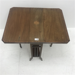 Edwardian inlaid drop leaf Sutherland table, square shaped supports, W68cm, H63cm, D55cm