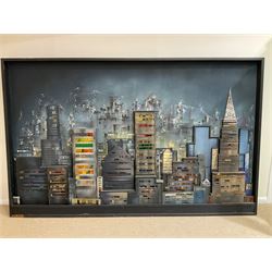 Dennis Clegg (Scottish 1929-): 'New York Skyline', illuminated oil on 3-D wooden construction with perspex and paper signed and dated 1963/2000 (the latter date refers to when the artist restored it) 155cm x 250cm overall
Provenance: commissioned by Lanarkshire entrepreneur John Kane in 1963 from the artist who had graduated at Manchester School of Art in 1960 and went on to work as an interior designer for the next 35 years painting in his spare time.