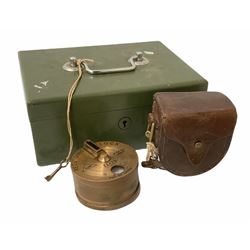 Metal cash box with key and removable tray,  together with recording clack, PAT No.544119, box L25.5cm, D18cm