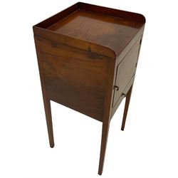 Early 19th century mahogany bedside pot cupboard, raised gallery back, enclosed by single door with band above single drawer, square supports