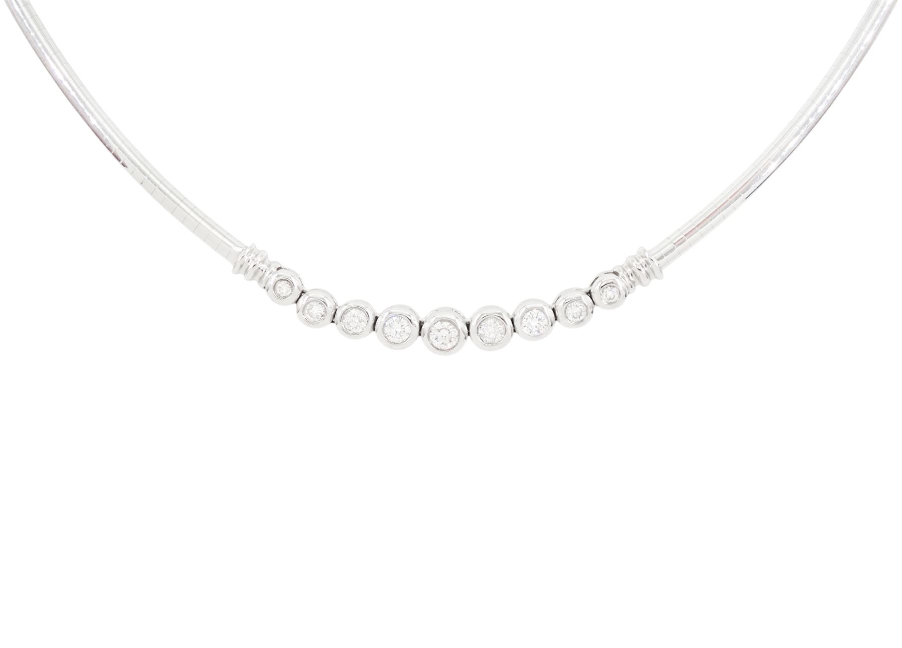 14ct white gold bezel set, nine stone round brilliant cut diamond necklace, stamped, total diamond weight approx 1.00 carat