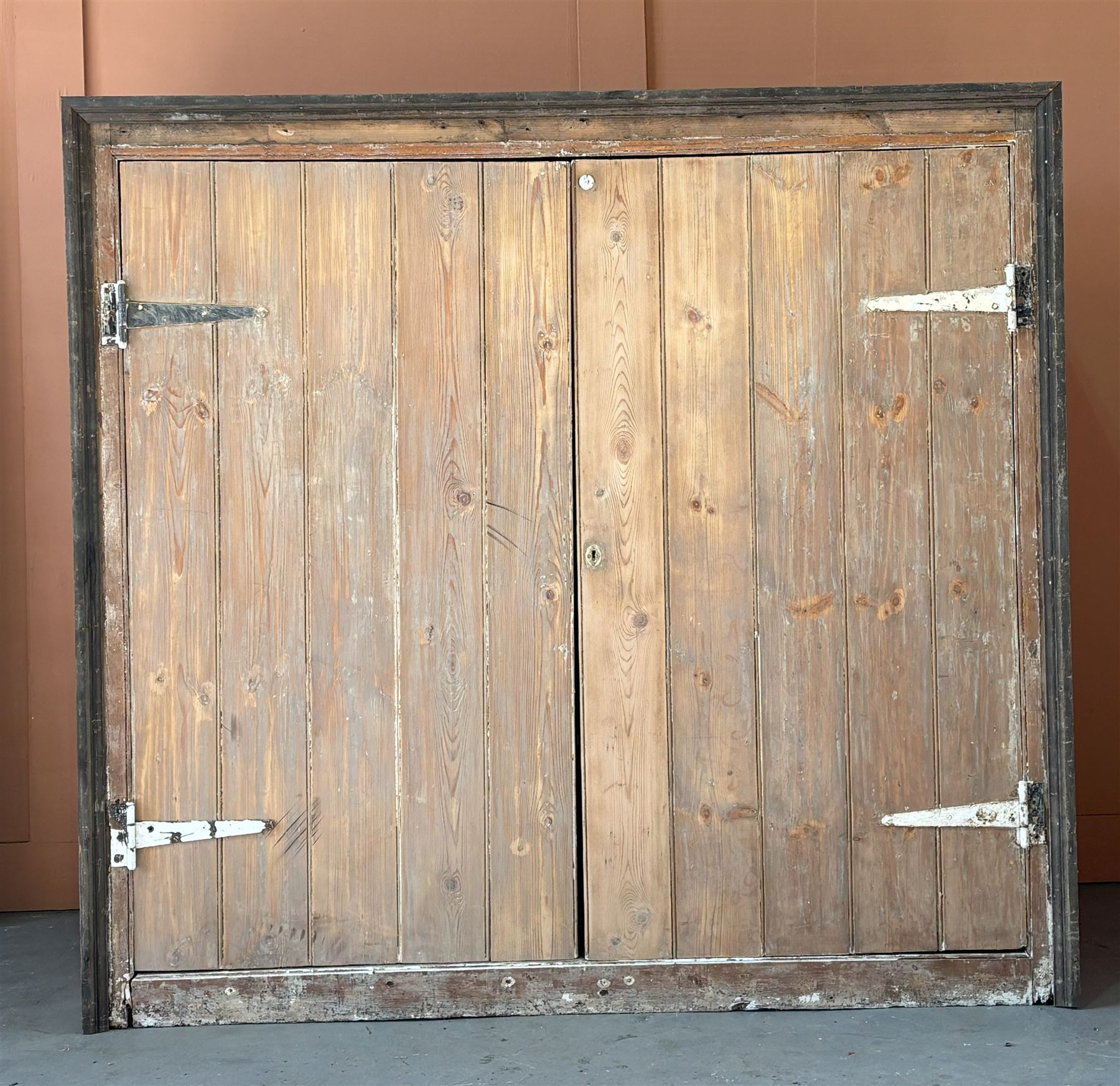 19th century pine country house kitchen cupboard, the two doors opening on strap hinges and enclosing two shelves. H174cm, W184cm, D61cm - COLLECTION BY APPOINTMENT FROM: The White House, Thirsk Road, Easingwold, York, YO61 3NF - CALL 01723 507111 TO ARRANGE