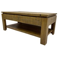 Rustic pine coffee table, with two drawers and under-tier