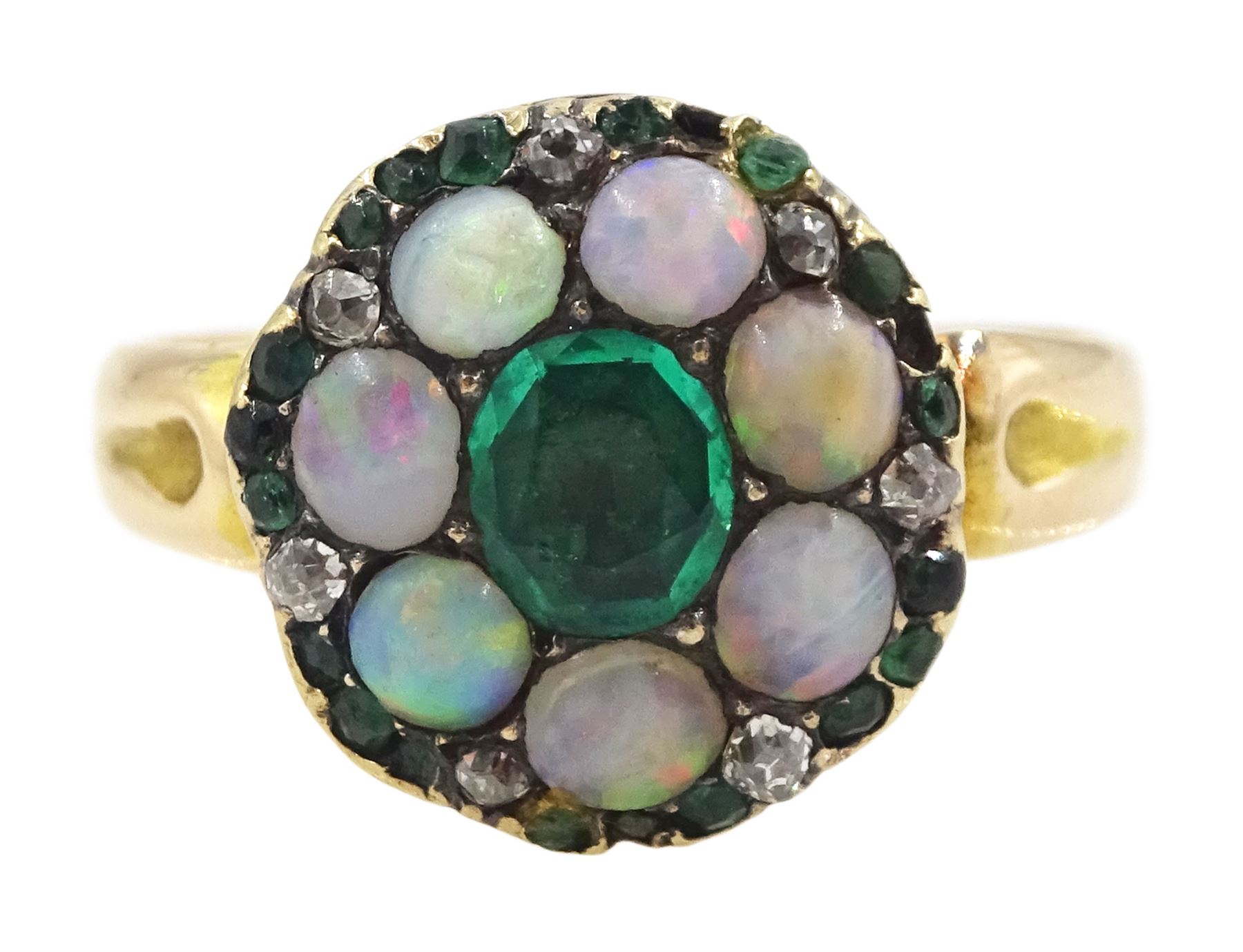 19th century 14ct gold emerald, opal and old cut diamond cluster ring, the principal oval cut emerald, with opal, diamond and emerald surround