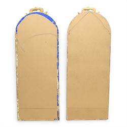 Louis XVI style giltwood pair of wall mirrors, arched frames with moulded borders, surmounted by ribbon tied floral crestings and trailing husk swags, enclosing bevelled mirror plates