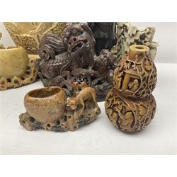 Collection of hardstone and soapstone, including hardstone seal carved temple dogs finial, inscription on base, together with inkwells, vases etc  