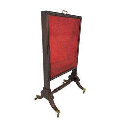 Regency mahogany screen with two horizontal and one vertical pull-out panels, on base with carved sabre legs and rope-twist stretcher