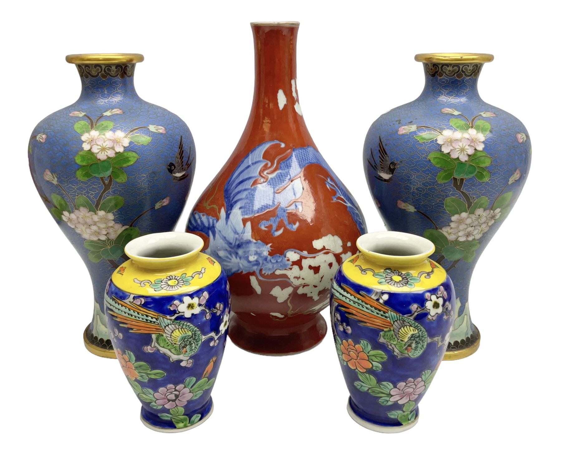 20th Century Japanese vase decorated with a blue dragon and gilding upon red yellow ground, bears Fukagawa Seiji mark (a/f), together with pair of blue cloisonné vases of baluster form decorated with blossom, and pair of Japanese vases, tallest H26cm